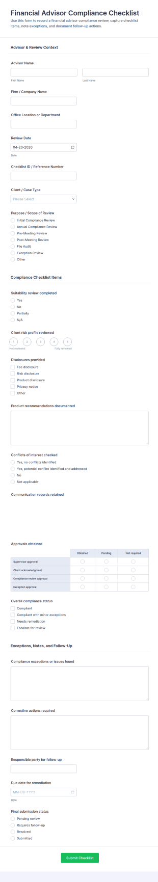Financial Advisor Compliance Checklist Form Template