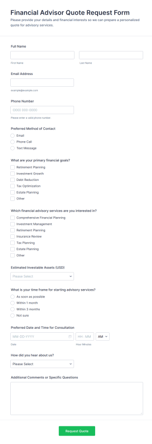 Financial Advisor Quote Request Form Template
