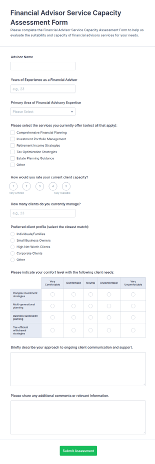 Financial Advisor Service Capacity Assessment Form Template