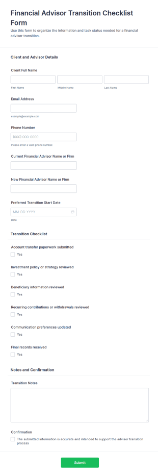 Financial Advisor Transition Checklist Form Template