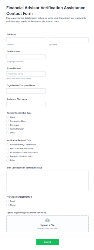 Financial Advisor Verification Assistance Contact Form Template