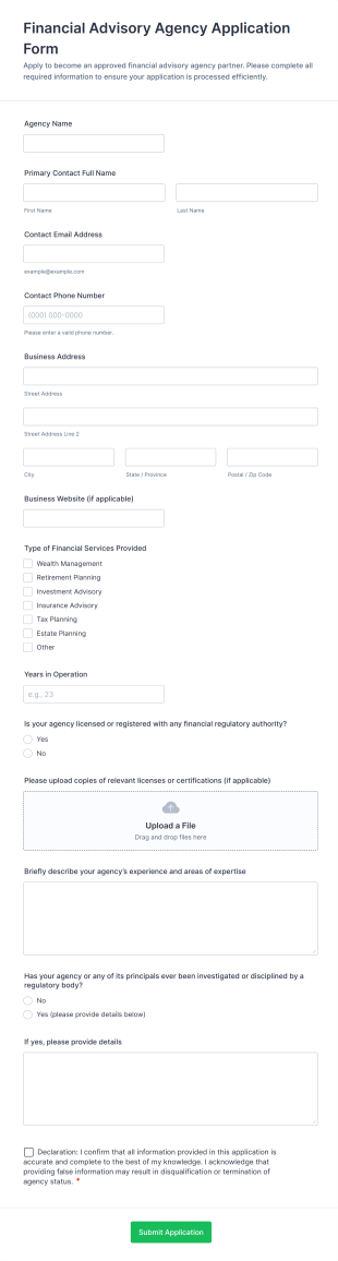 Financial Advisory Agency Application Form Template