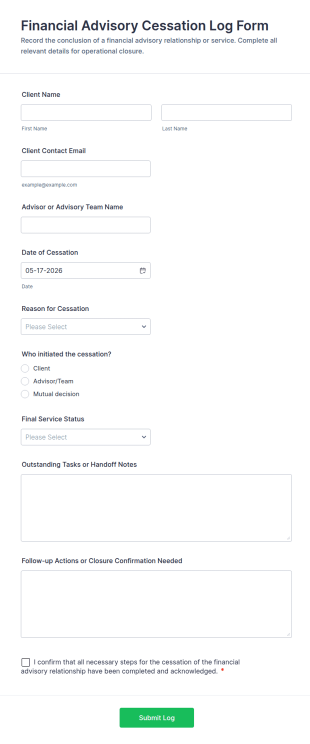 Financial Advisory Cessation Log Form Template