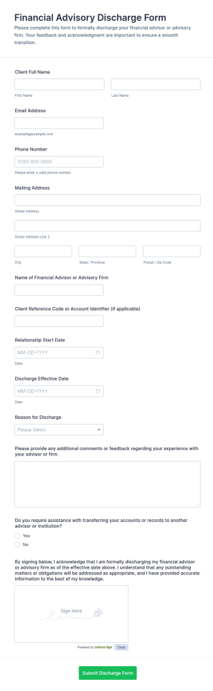 Financial Advisory Discharge Form Template
