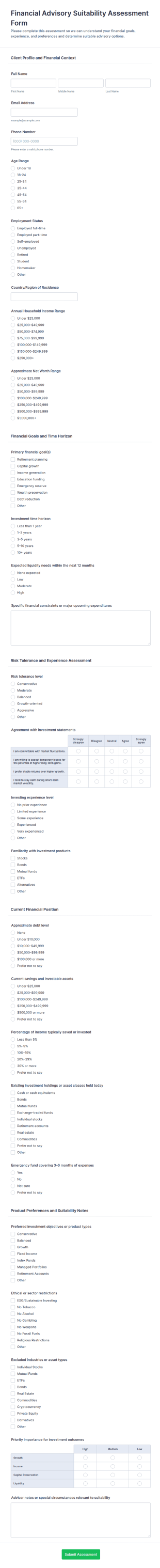 Financial Advisory Suitability Assessment Form Template
