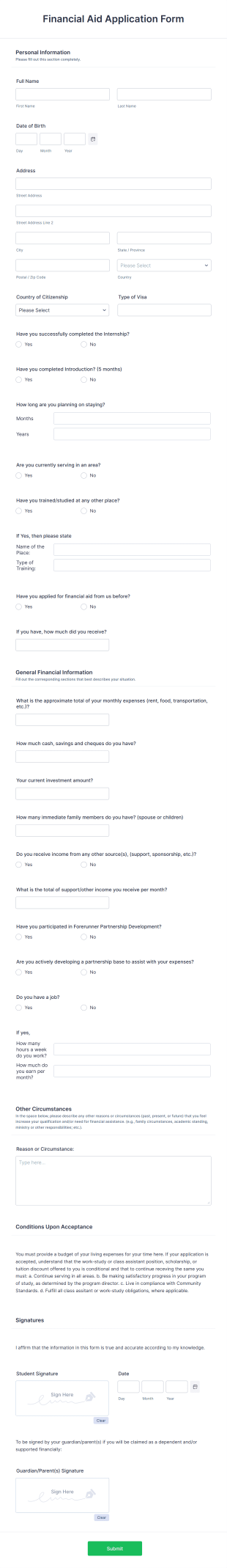 Financial Aid Application Form Template