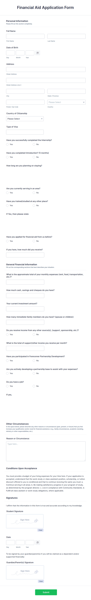 Financial Aid Application Form Template