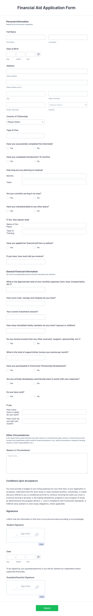 Financial Aid Application Form Template