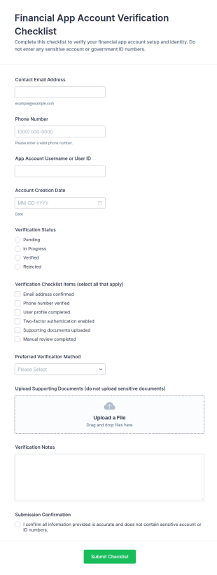 Financial App Account Verification Checklist Form Template