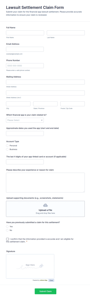 Financial App Lawsuit Settlement Claim Form Template
