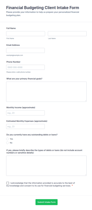 Financial Budgeting Client Intake Form Template