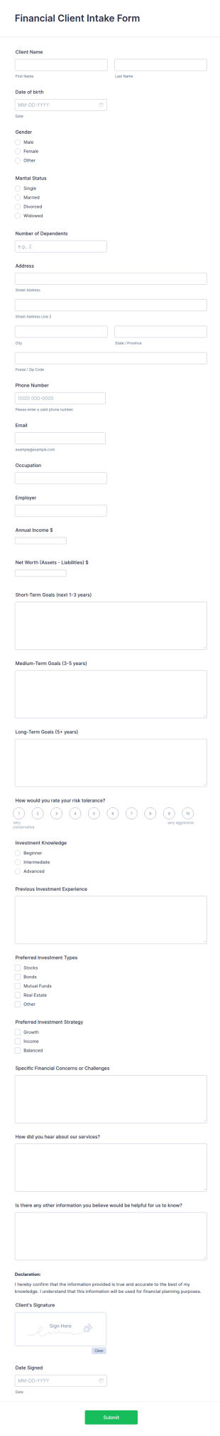 Financial Client Intake Form Template