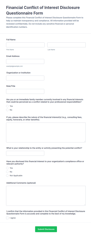 Financial Conflict Of Interest Disclosure Questionnaire Form Template