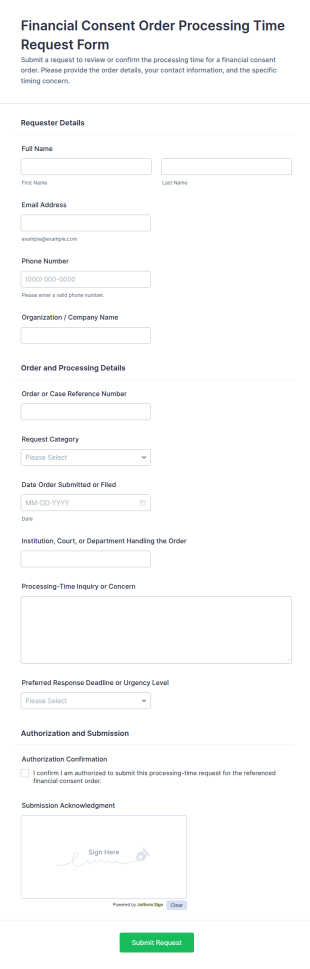 Financial Consent Order Processing Time Request Form Template