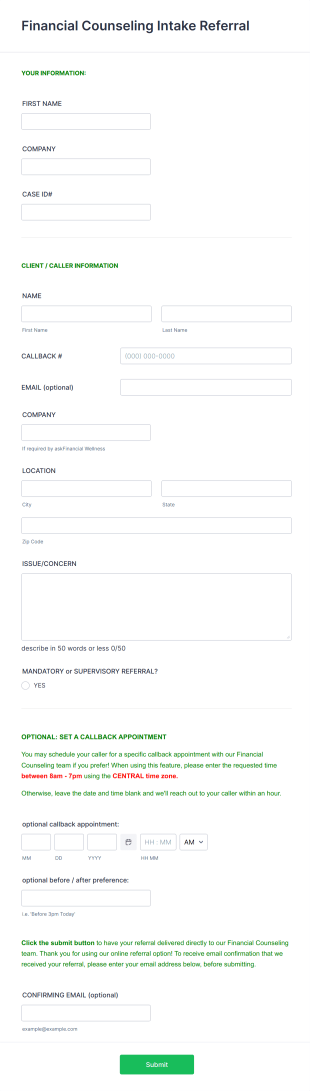 Financial Counseling Referral Intake Form Template