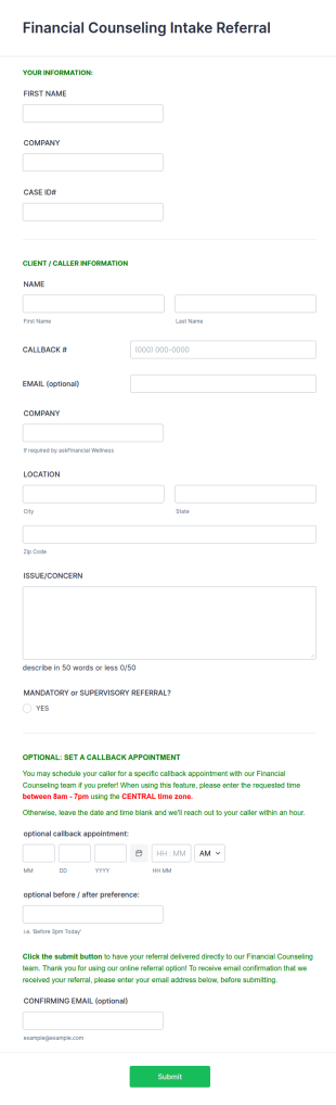 Financial Counseling Referral Intake Form Template