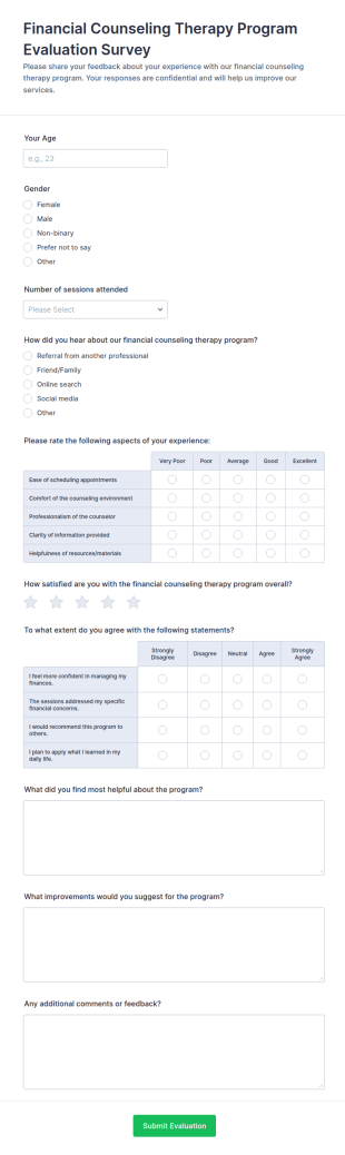 Financial Counseling Therapy Program Evaluation Survey Form Template