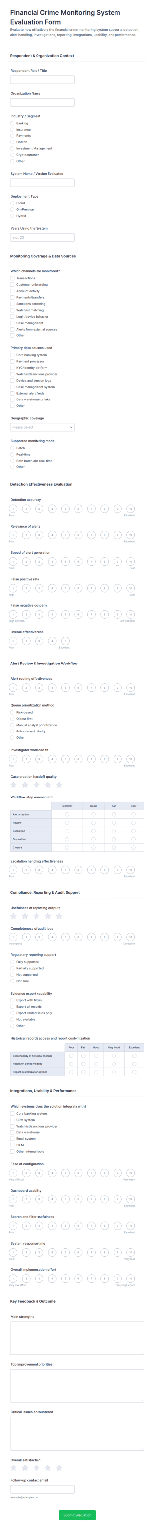 Financial Crime Monitoring System Evaluation Form Template
