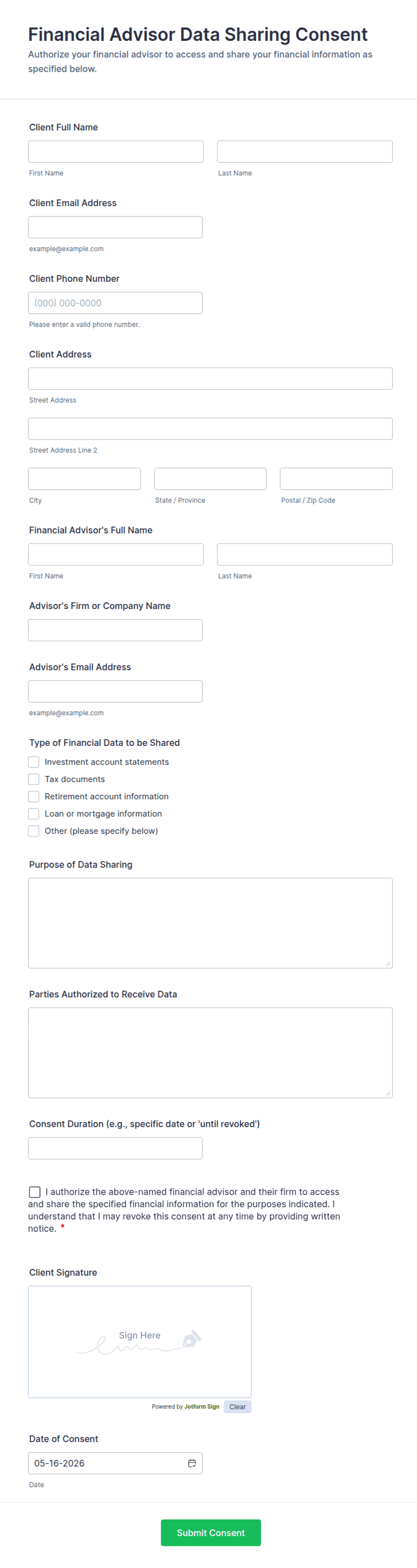 Financial Advisor Text Message Consent Form.pdf Financial Data Sharing Consent Form Template | Jotform