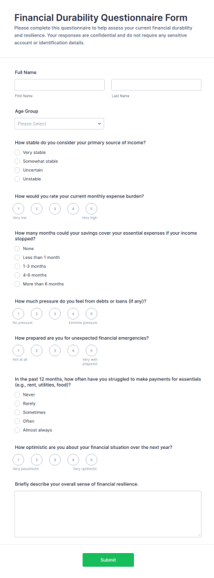 Financial Durability Questionnaire Form Template