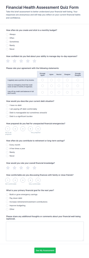 Financial Health Assessment Quiz Form Template