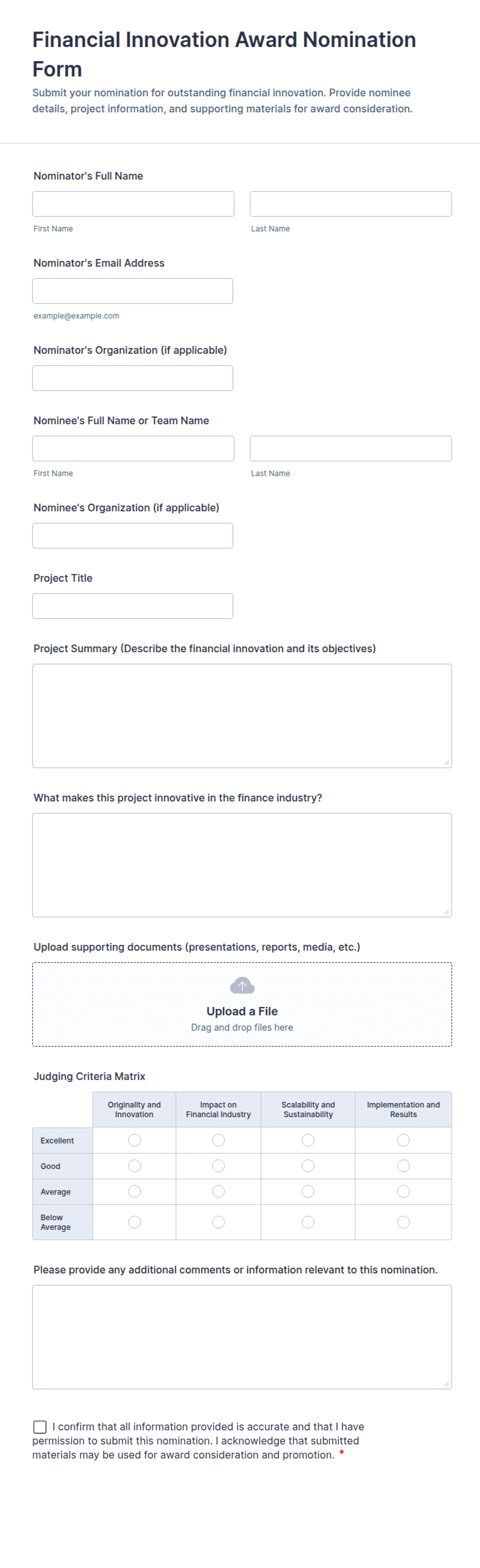 Financial Innovation Award Nomination Form Template | Jotform