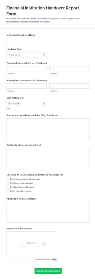 Financial Institution Handover Report Form Template