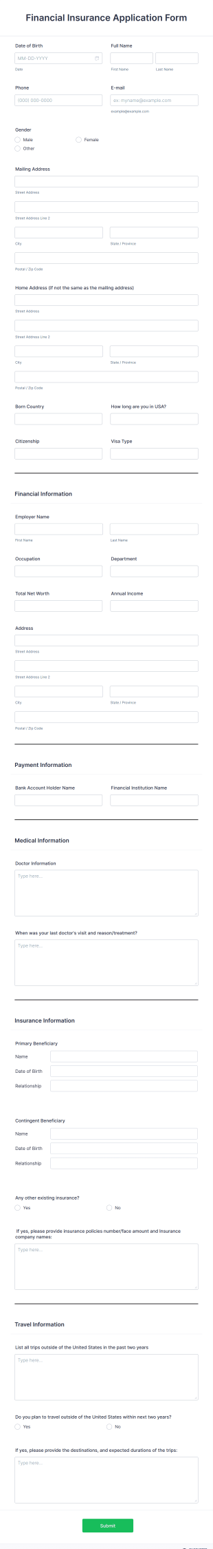 Financial Insurance Application Request Form Template