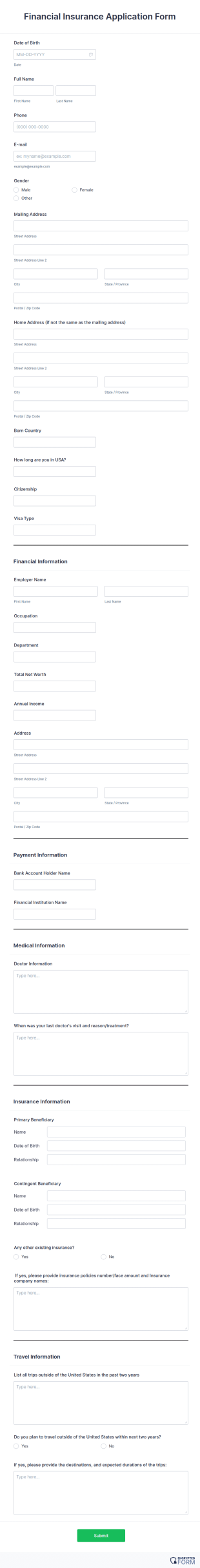 Financial Insurance Application Request Form Template