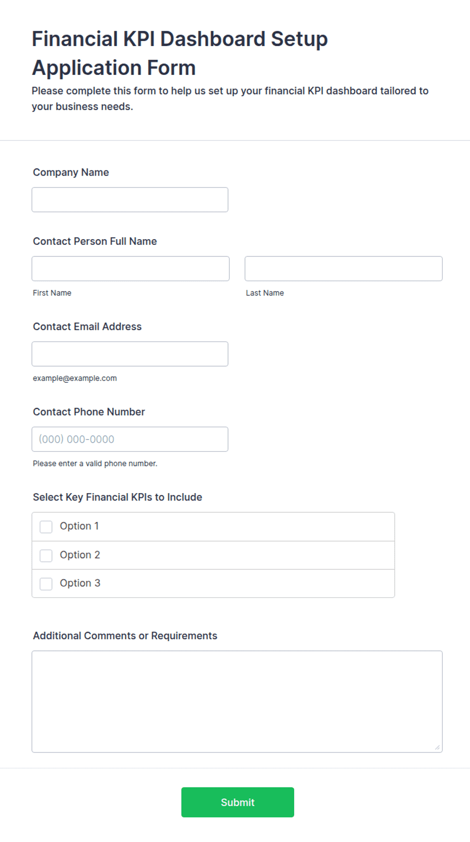 Financial KPI Dashboard Setup Application Form Template | Jotform