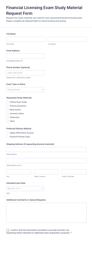 Financial Licensing Exam Study Material Request Form Template
