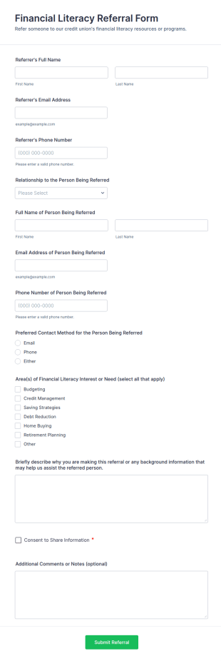 Financial Literacy Referral Form Template