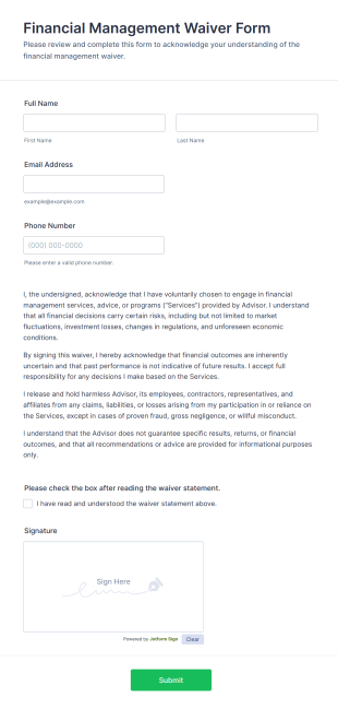 Financial Management Waiver Form Template
