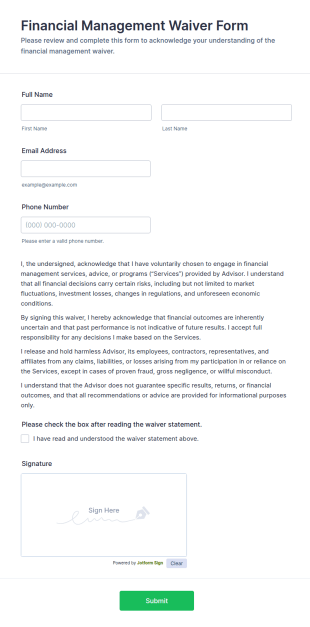 Financial Management Waiver Form Template