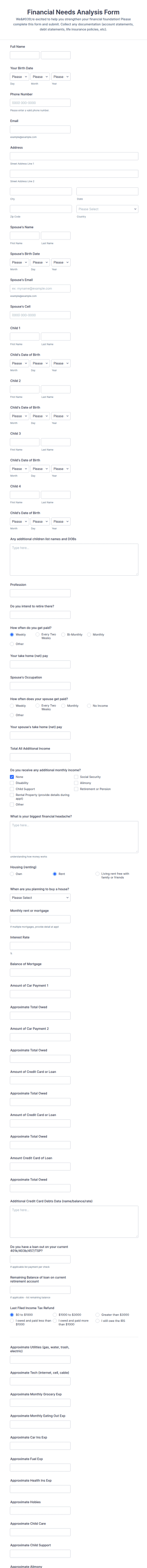 Financial Needs Analysis Form Template
