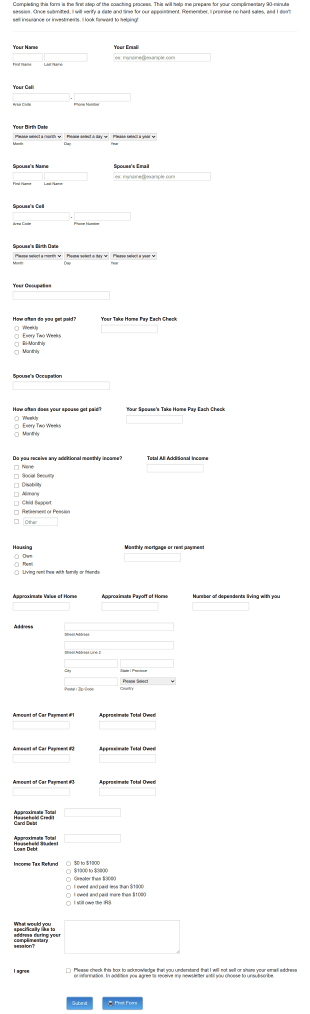 Financial Overview For Financial Coaching Form Template