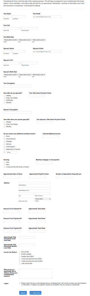 Financial Overview For Financial Coaching Form Template