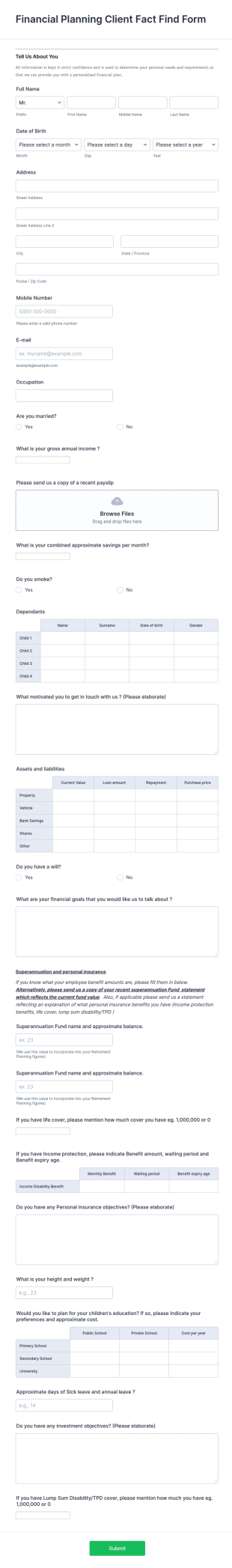 Financial Planning Client Fact Find Form Template