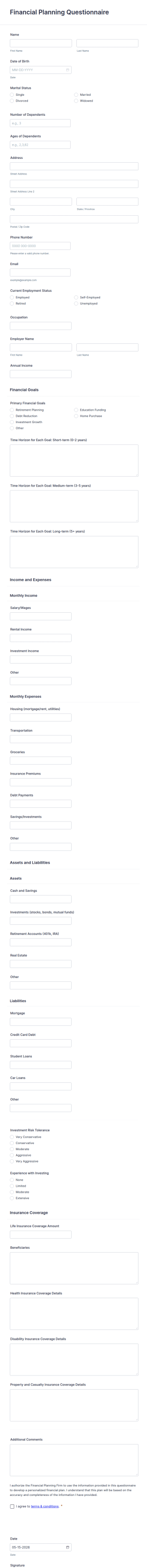 Financial Planning Questionnaire Form Template