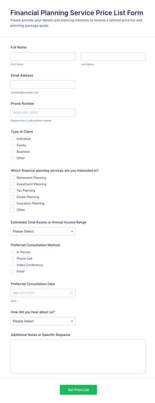 Financial Planning Service Price List Form Template