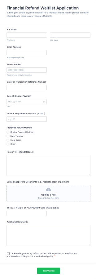 Financial Refund Waitlist Application Form Template