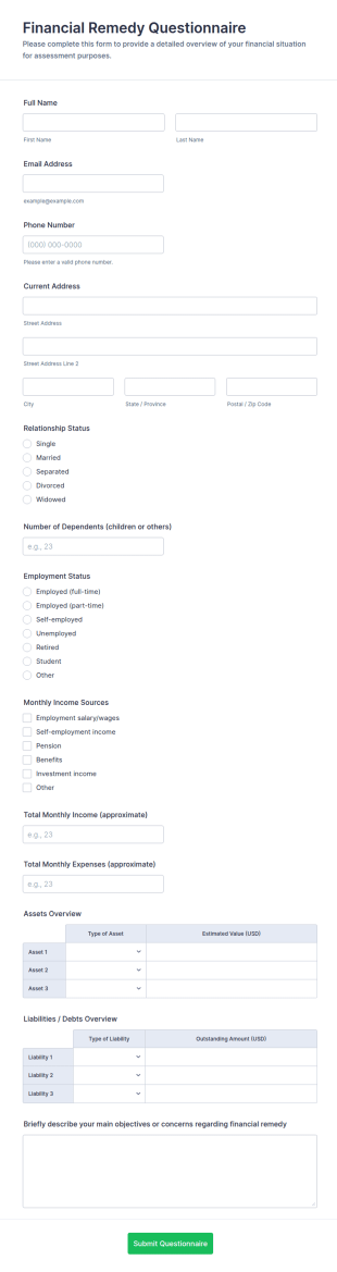 Financial Remedy Questionnaire Form Template