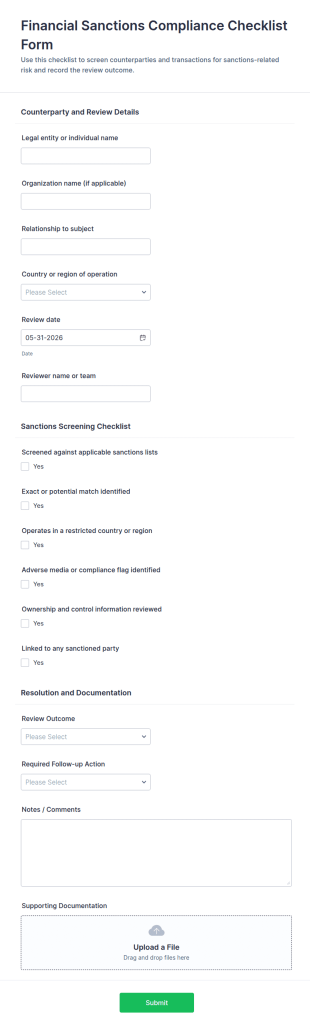Financial Sanctions Compliance Checklist Form Template