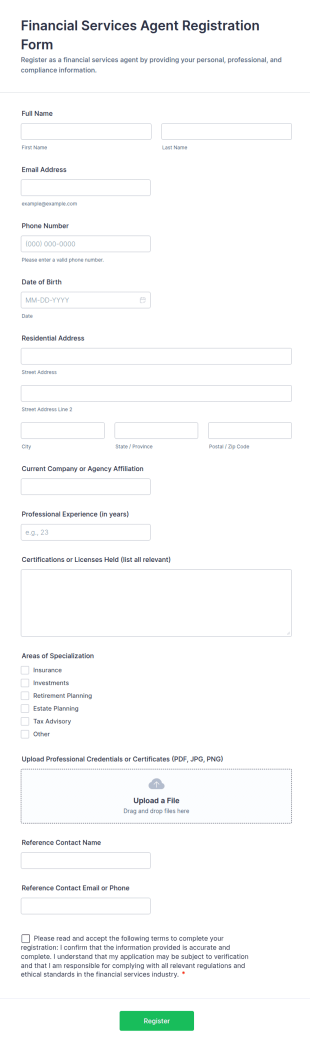 Financial Services Agent Registration Form Template