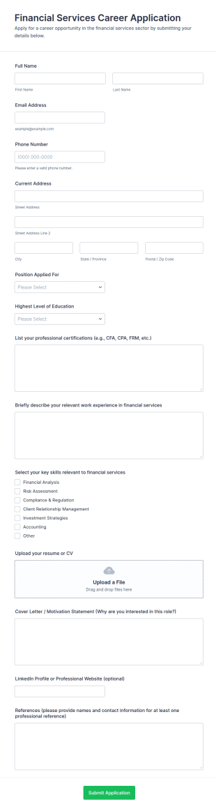 Financial Services Career Application Form Template