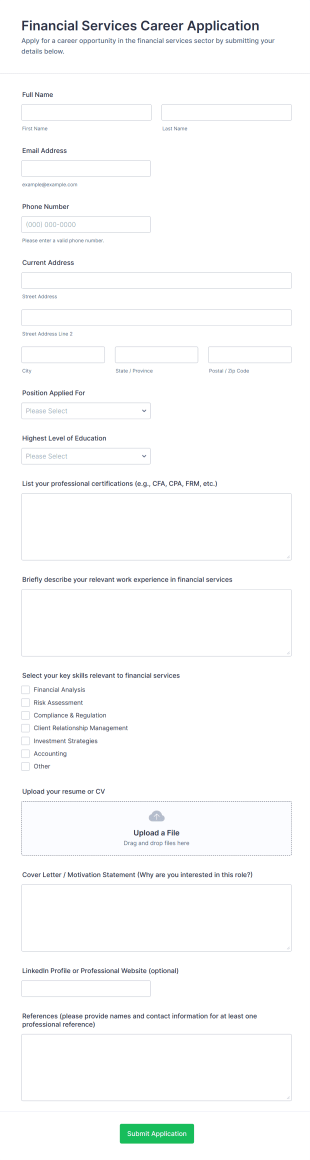 Financial Services Career Application Form Template