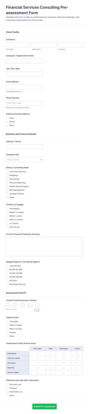 Financial Services Consulting Pre Assessment Form Template