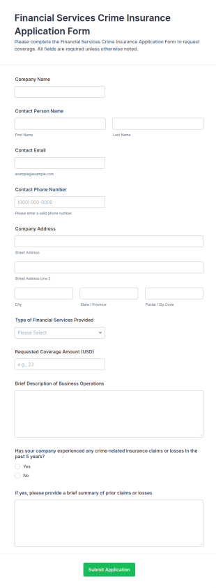 Financial Services Crime Insurance Application Form Template