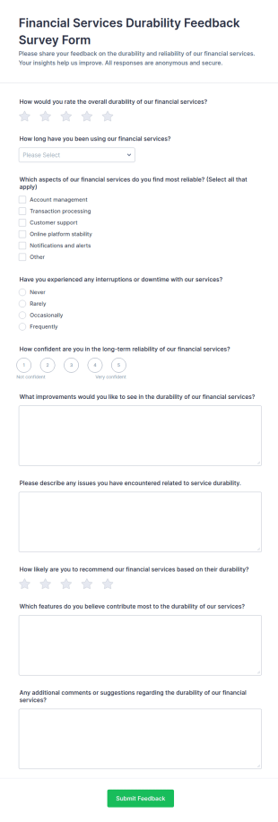 Financial Services Durability Feedback Survey Form Template