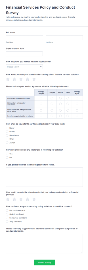 Financial Services Policy And Conduct Survey Form Template